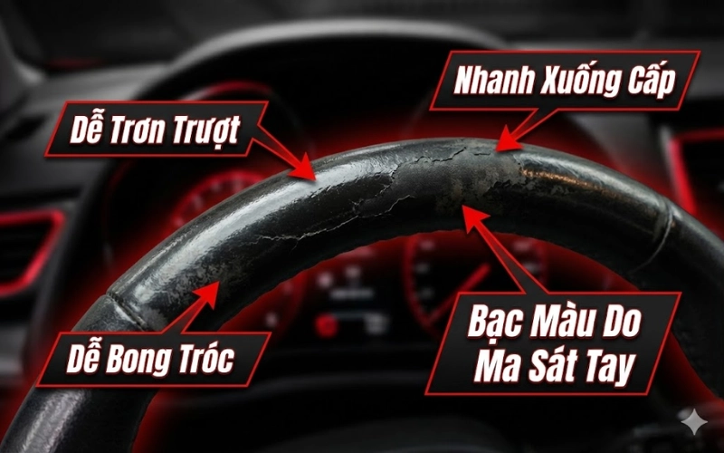 Da vô lăng nhanh xuống cấp, dễ bong tróc và bạc màu do ma sát tay và tia UV chiếu trực tiếp