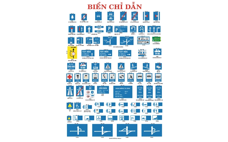 Giải thích ý nghĩa biển báo giao thông đường bộ thường gặp 27 Biển chỉ dẫn có hình vuông hoặc chữ nhật, nền xanh, hình vẽ màu trắng dùng để chỉ hướng đi hoặc cung cấp thông tin cần thiết