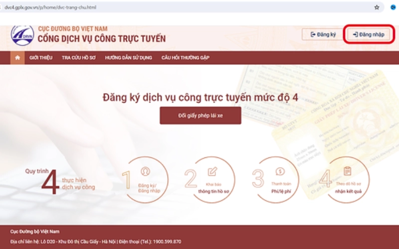 Truy cập Cổng dịch vụ công của Cục Đường bộ Việt Nam