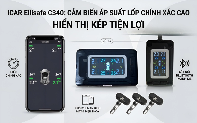 Cảm biến áp suất lốp ICAR Ellisafe C340 chính xác cao, hiển thị kép tiện lợi